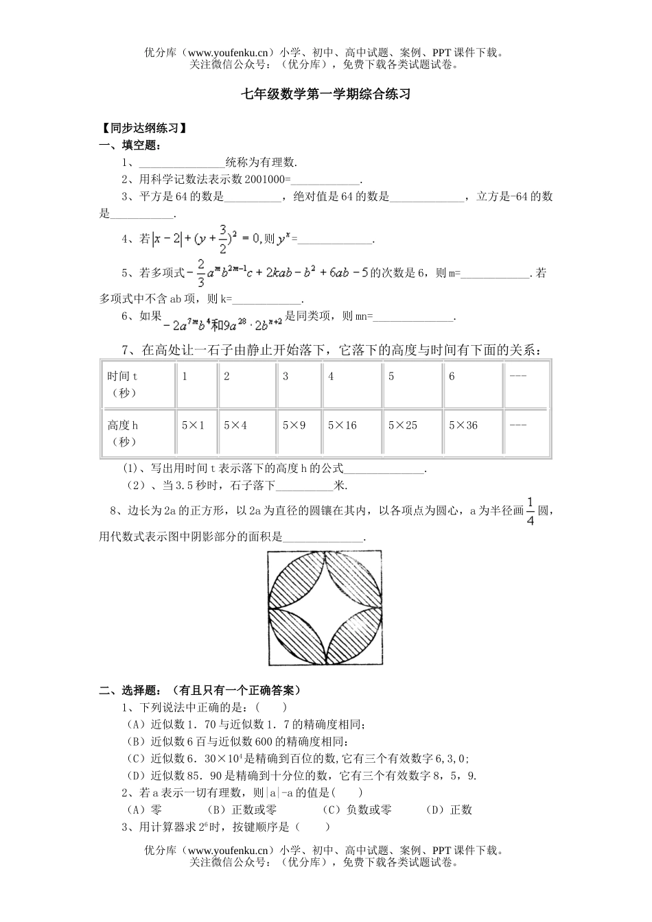 初中七年级数学第一学期综合练习试卷_第1页