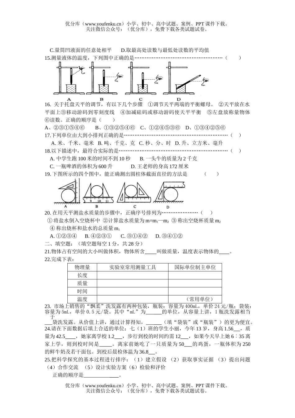 初中七年级科学《第一章》单元检测试卷_第2页