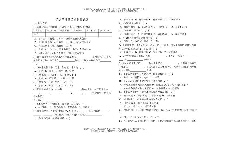 初中七年级科学常见的植物测试卷_第1页