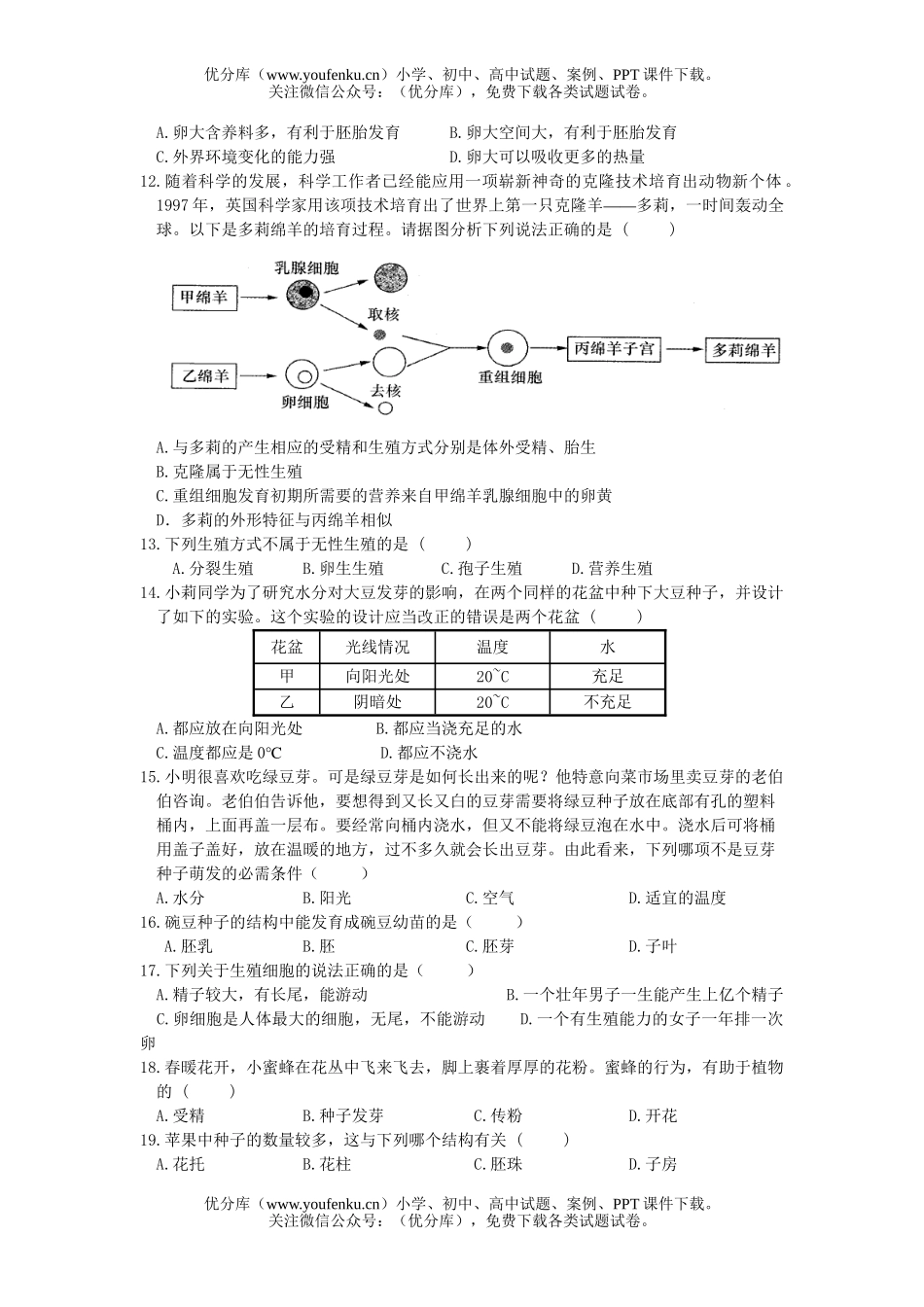 初中七年级科学代代相传的生命单元测试卷_第2页