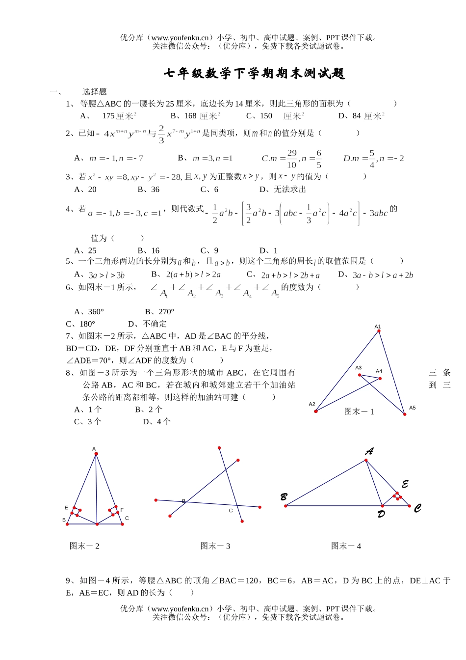 初中七年级数学下学期期末测试卷_第1页