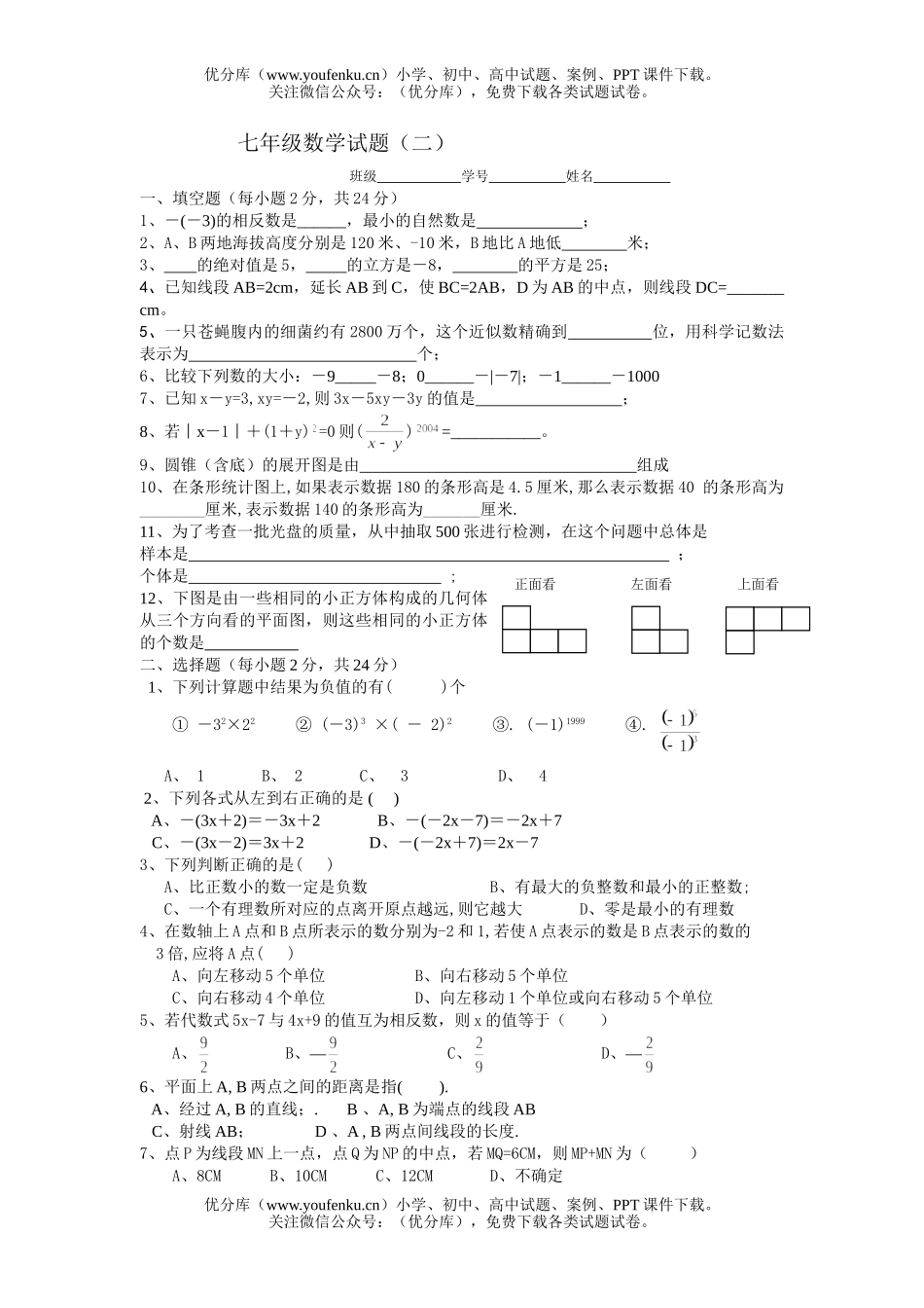 初中七年级数学(二)试卷_第1页
