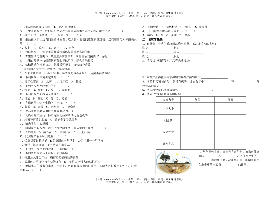 初中七年级科学细菌和真菌练习题试卷_第2页