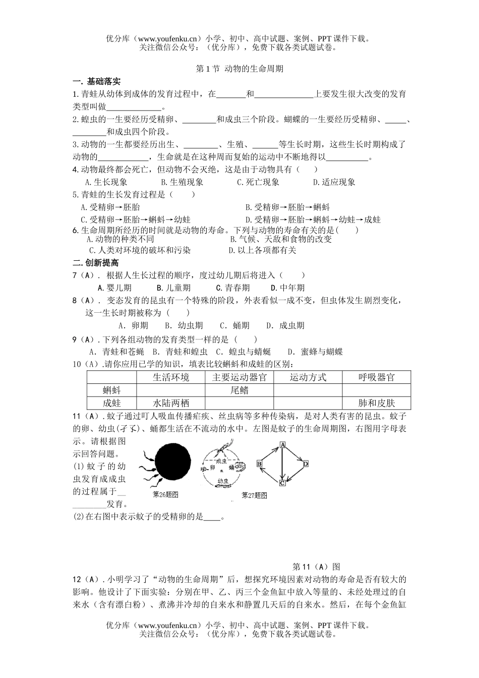 初中七年级科学动物的生命周期测试卷_第1页