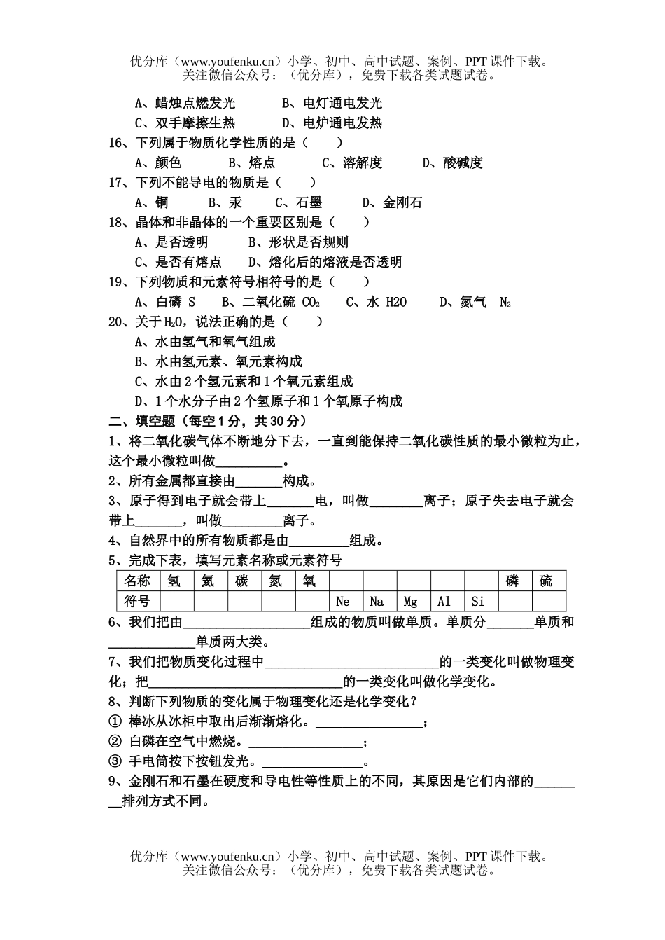 初中七年级科学物质的结构系列练习1试卷_第2页
