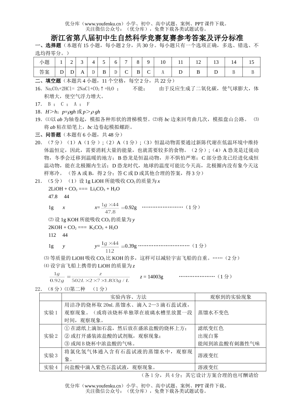 初中七年级科学浙江省第八届自然竞赛复赛答案试卷_第1页
