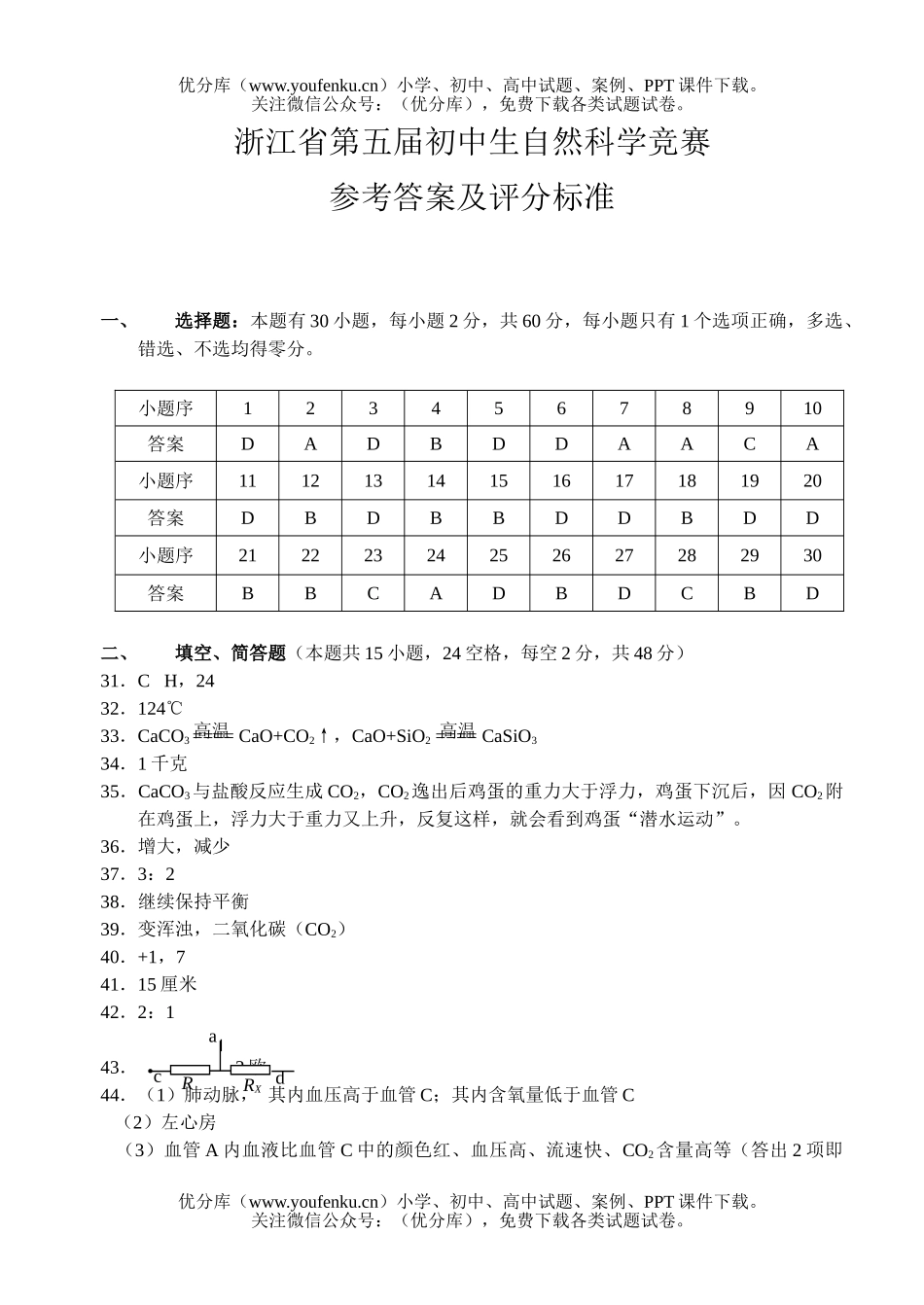 初中七年级科学浙江省第五届自然竞赛初赛答案试卷_第1页