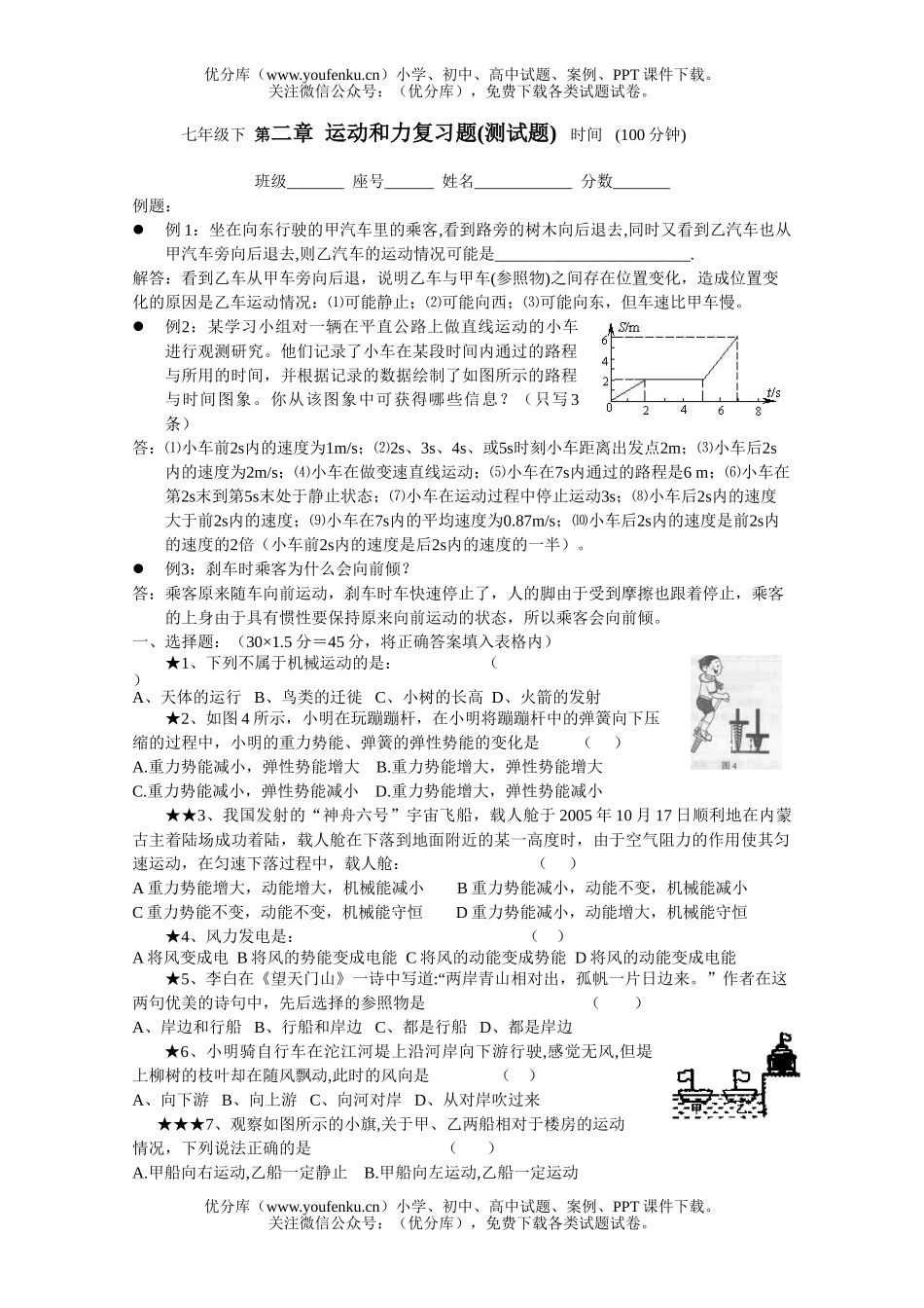 初中七年级科XXX动和力复习题(测)试卷_第1页