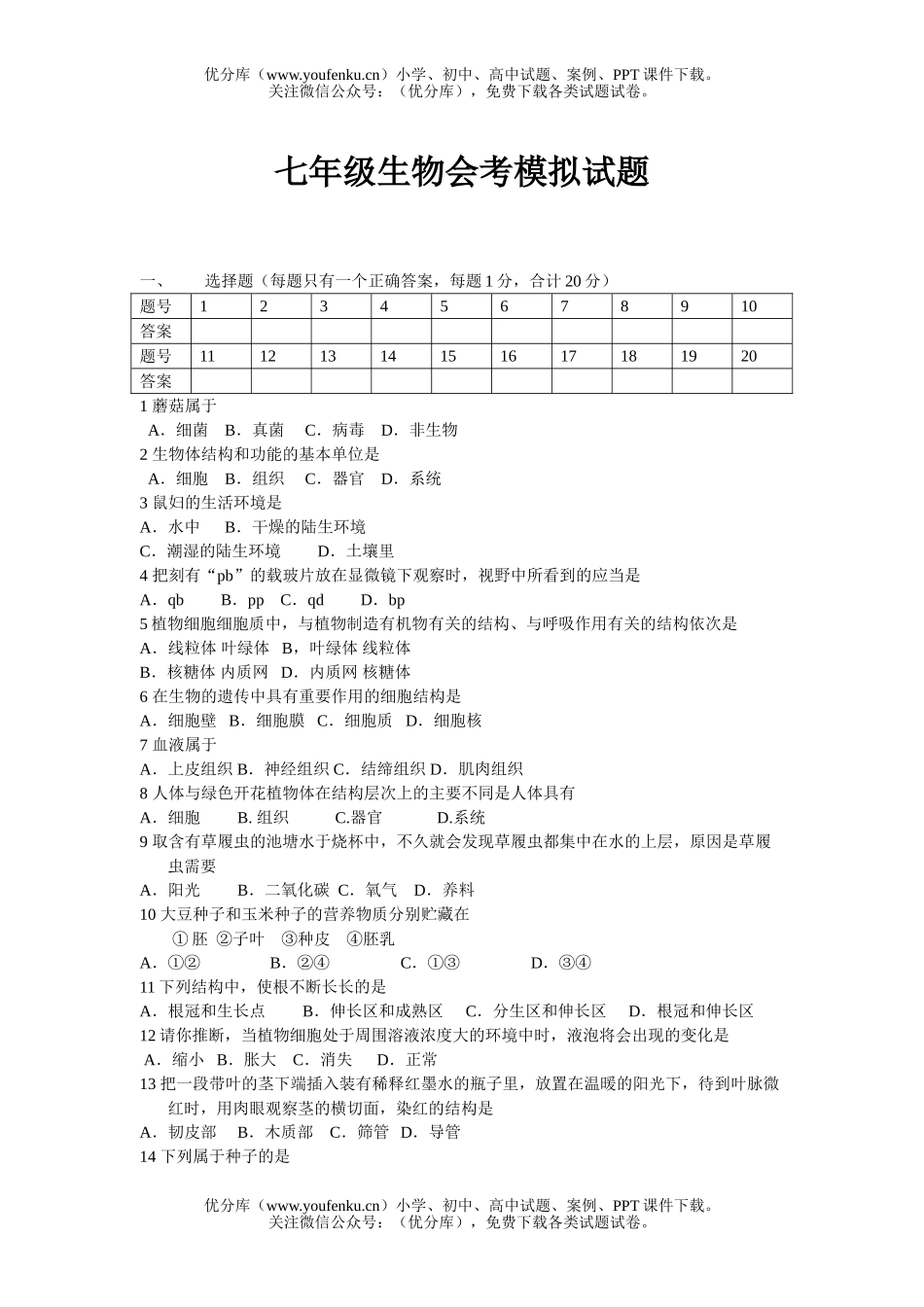初中七年级生物会考模拟试卷_第1页