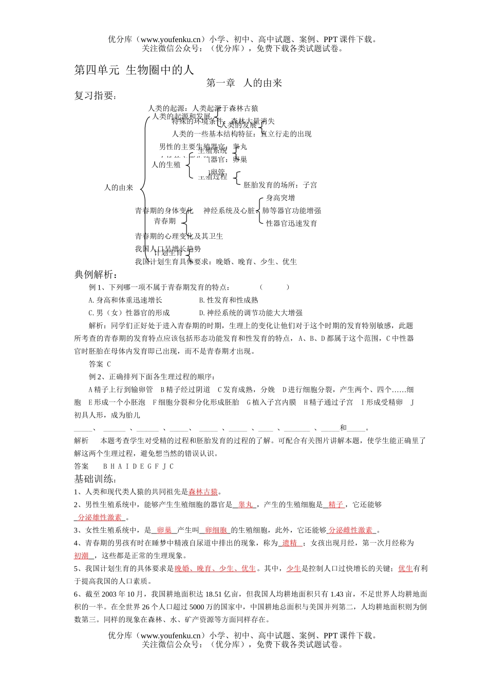 初中七年级生物人的由来练习题试卷_第1页