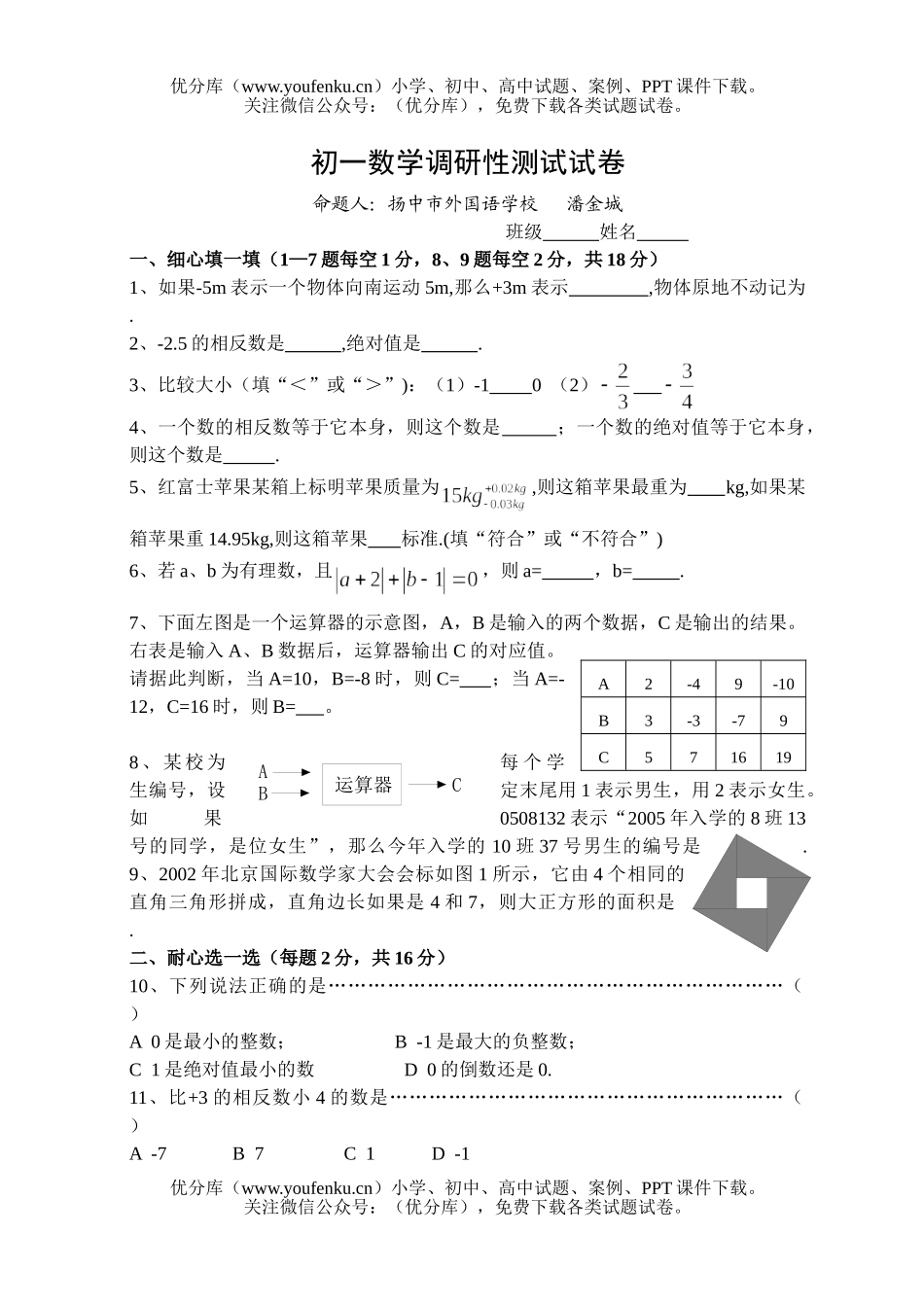 初中七年级数学调研性测试卷_第1页