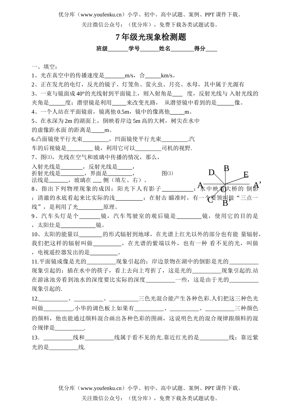 初中七年级科学光现象检测题试卷_第1页