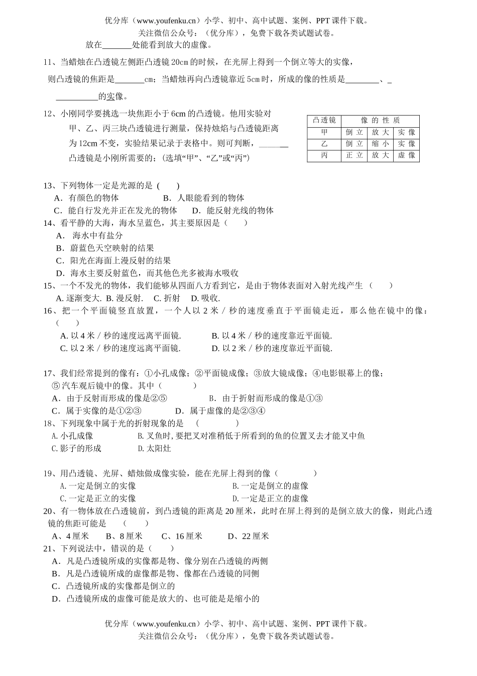 初中七年级科学光学知识基础达标题试卷_第2页