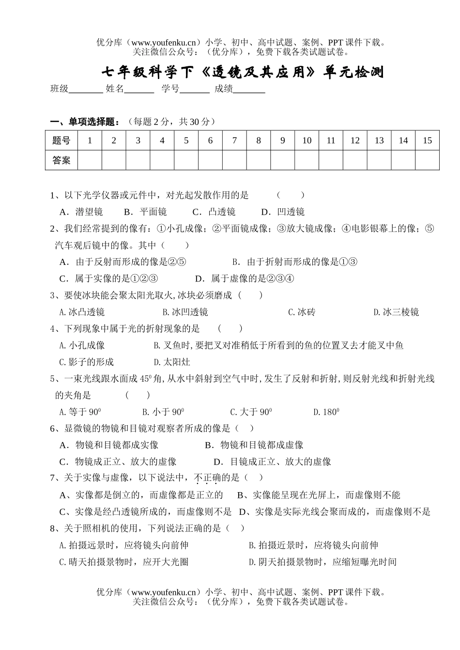 初中七年级科学透镜及其应用单元检测试卷_第1页