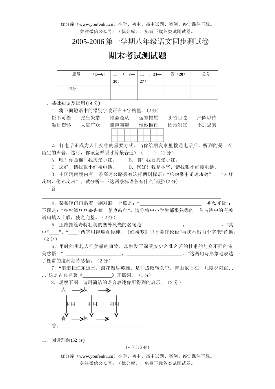 初中八年级语文期末测[上学期]试卷_第1页