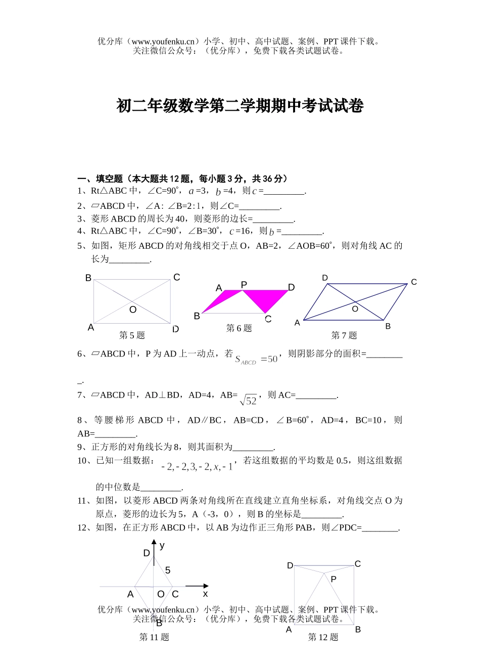 初中八年级数学初第二学期期中考试卷_第1页