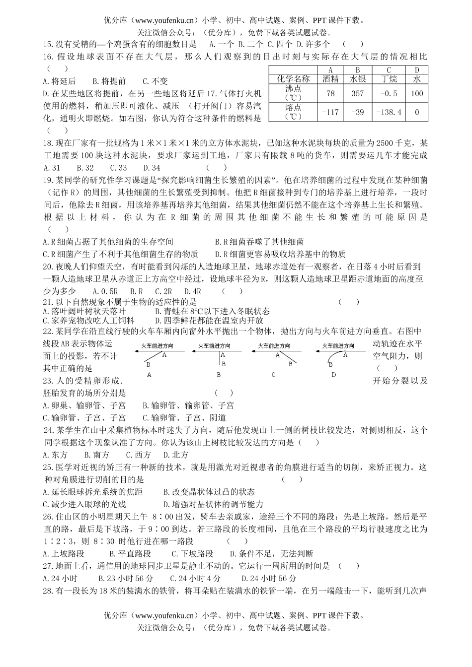 初中七年级科学上册提高辅导B试卷_第2页