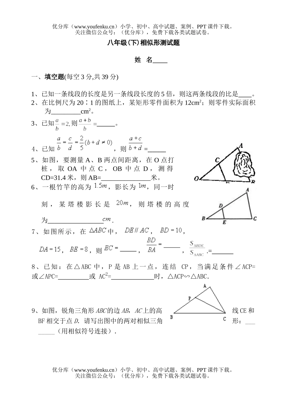 初中八年级数学(下)相似形试卷_第1页
