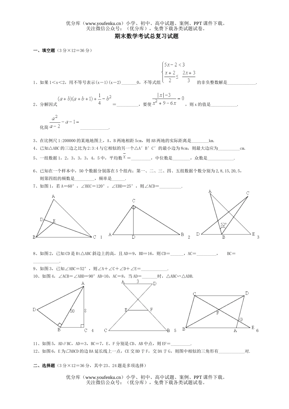 初中八年级数学期末考试总复习试卷_第1页