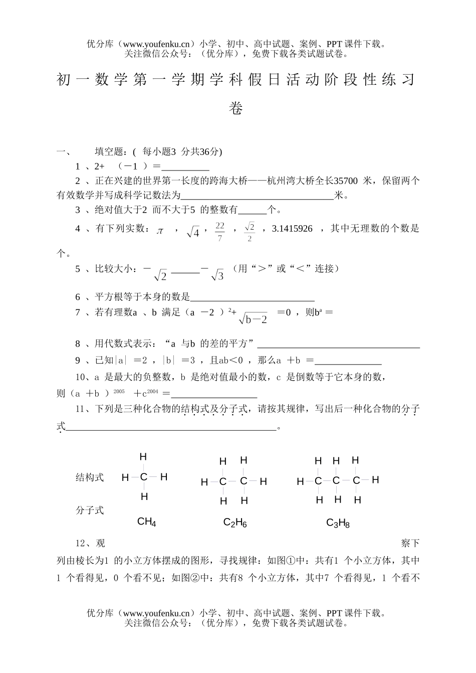 初中七年级数学第一学期学科假日活动阶段性练习试卷_第1页