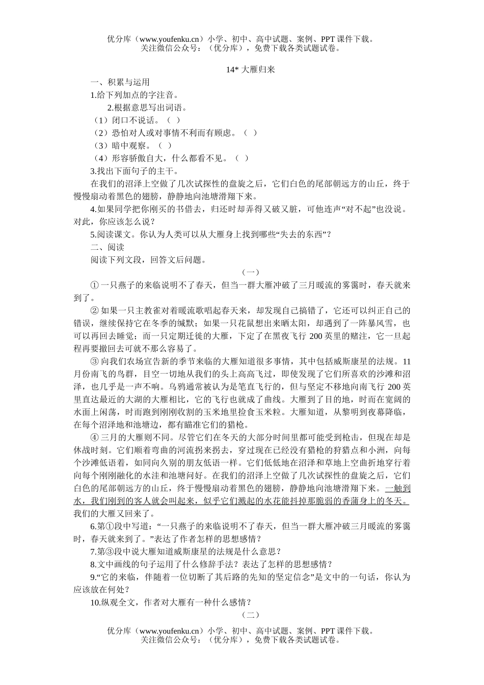 初中八年级语文14 大雁归来[下学期]试卷_第1页