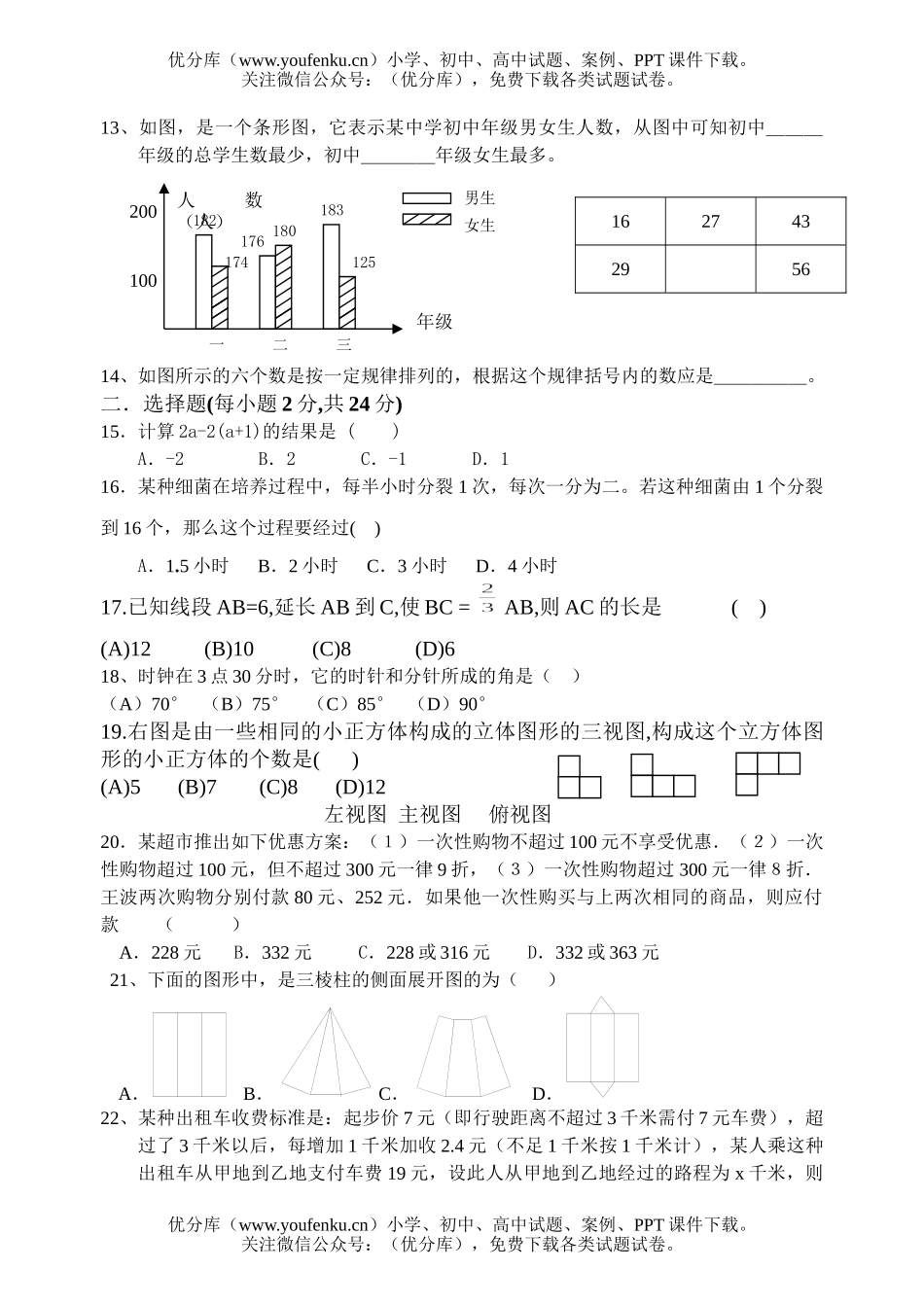 初中七年级数学第一学期期末模拟考试二试卷_第2页