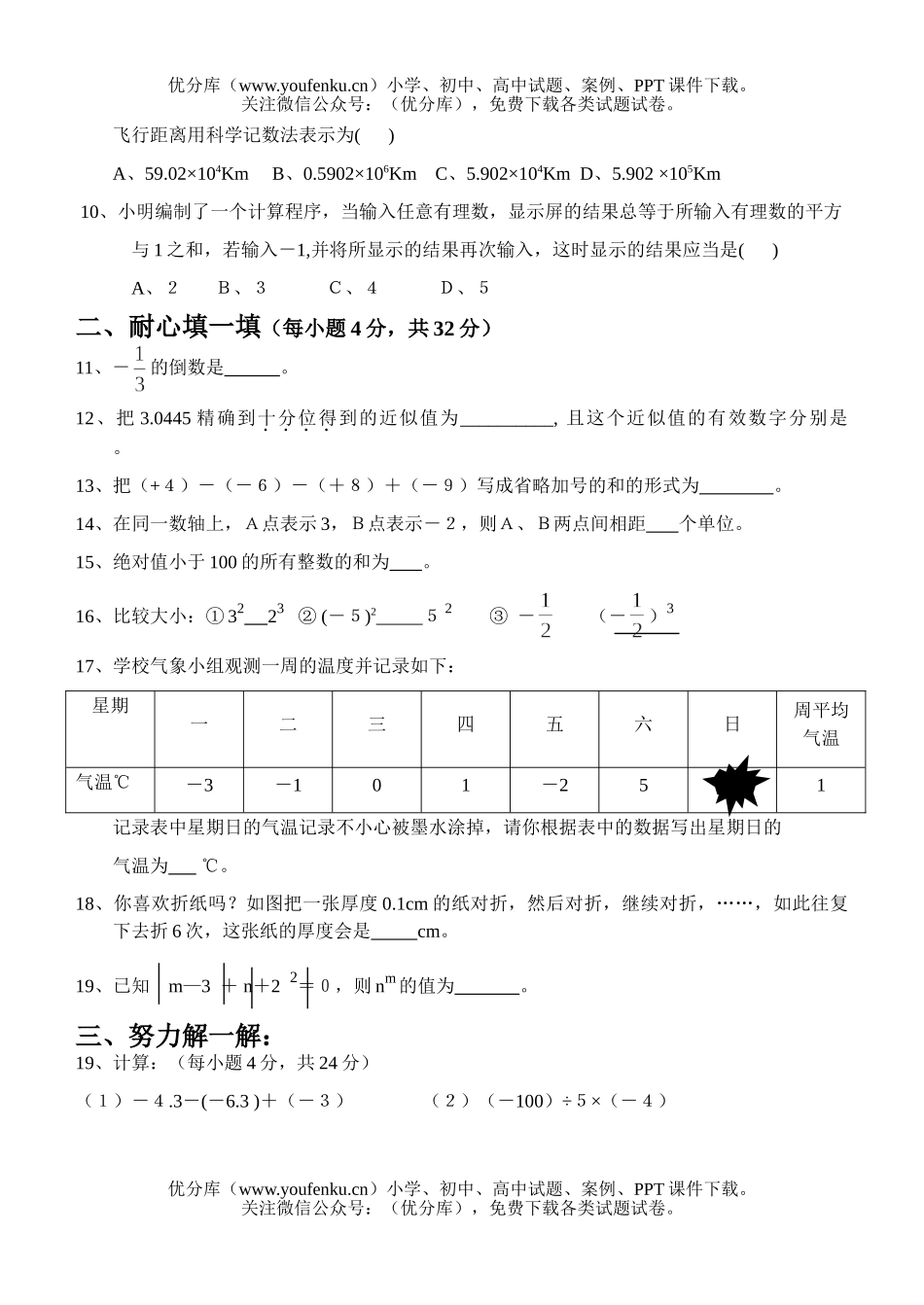 初中七年级数学(上)第一、二章综合测试卷_第2页