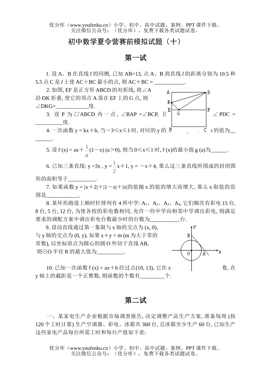 初中八年级数学夏令营赛前模拟(10)试卷_第1页