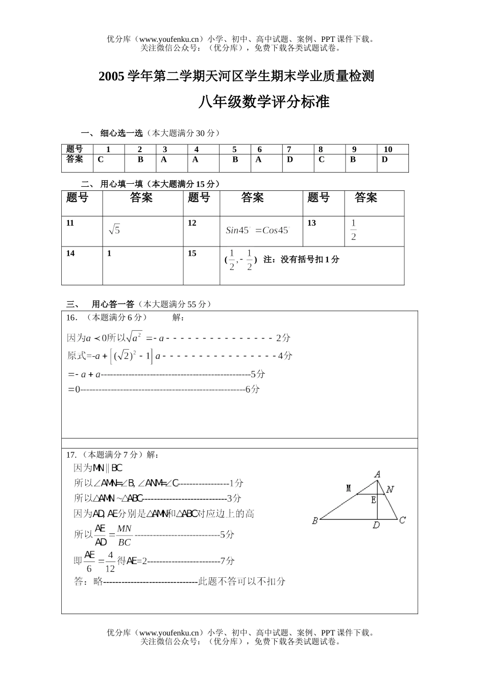 初中八年级数学第二学期天河区学生期末学业质量检测试卷_第1页