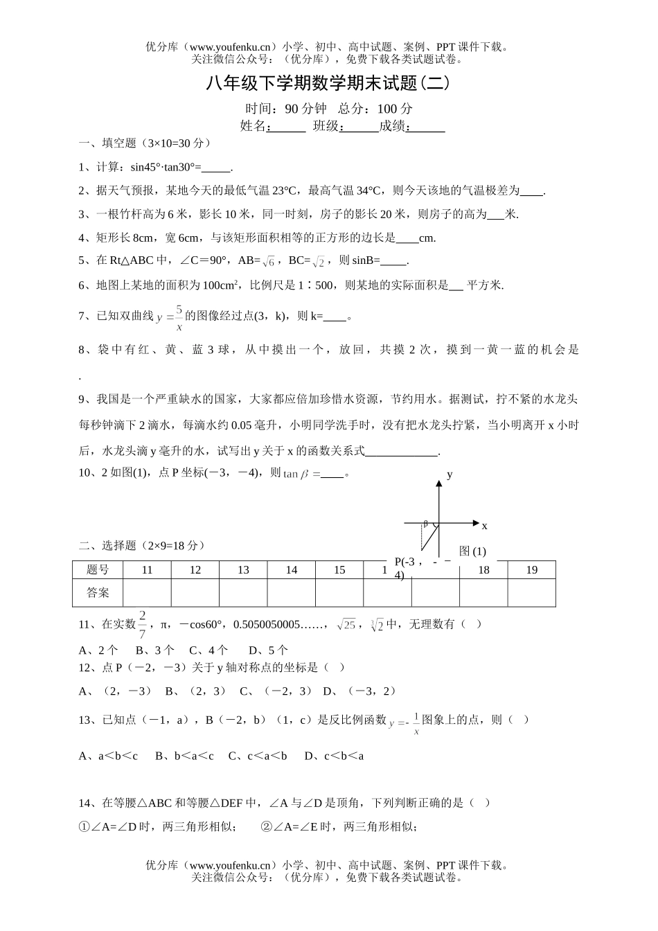 初中八年级数学第二学期期末试卷_第1页