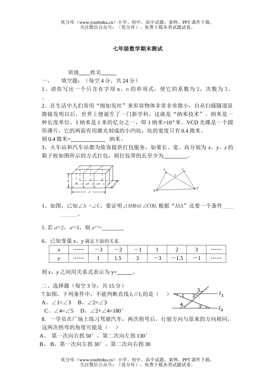 初中七年级数学期末测试1试卷_第1页
