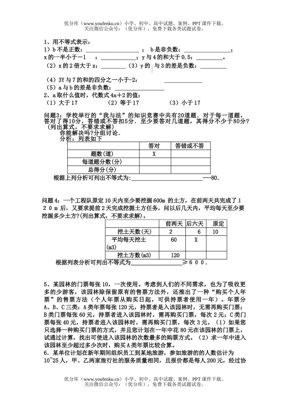 初中七年级数学不等式应用题的基础题试卷_第1页