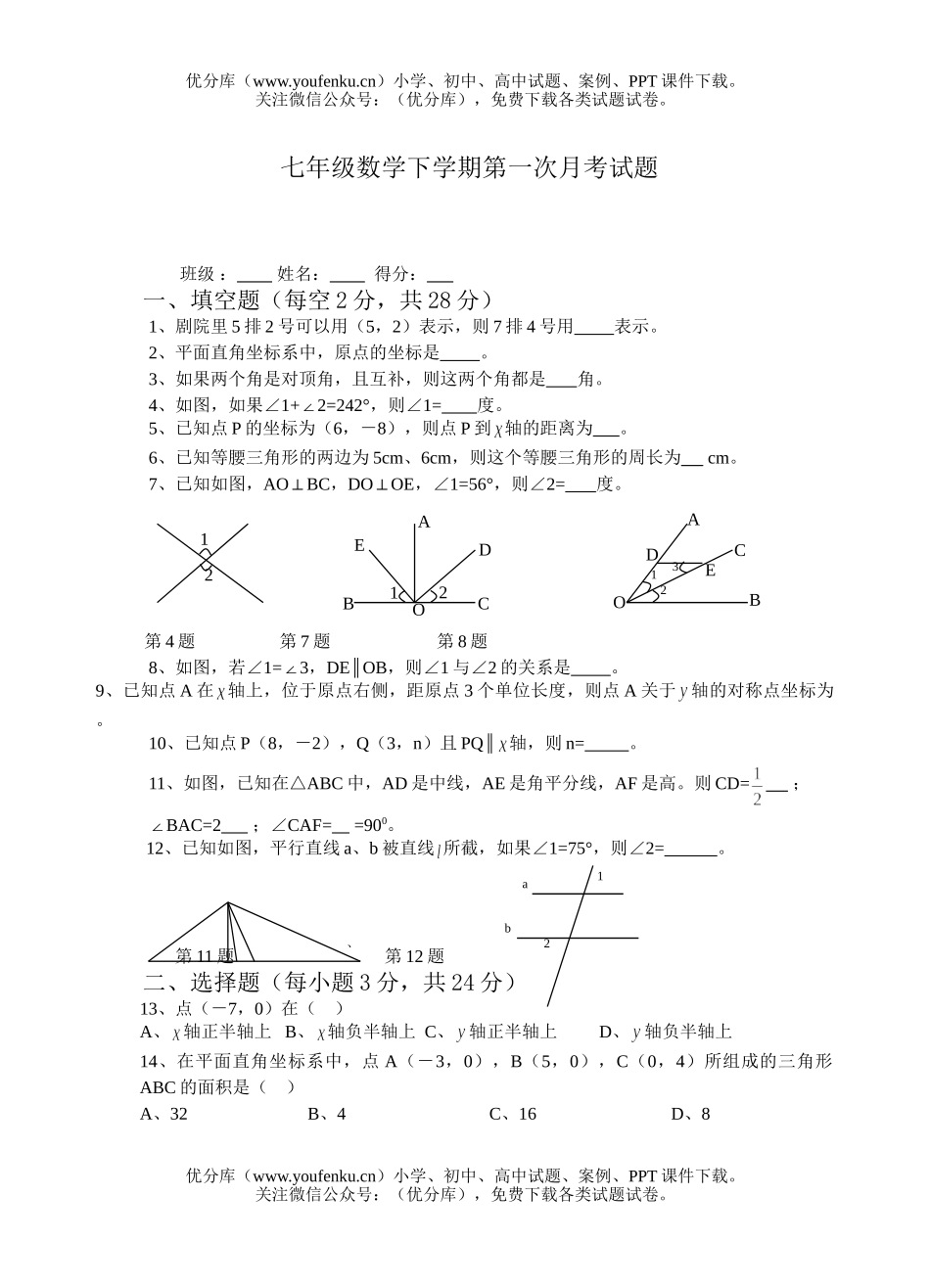 初中七年级数学下学期第一次月考试卷_第1页