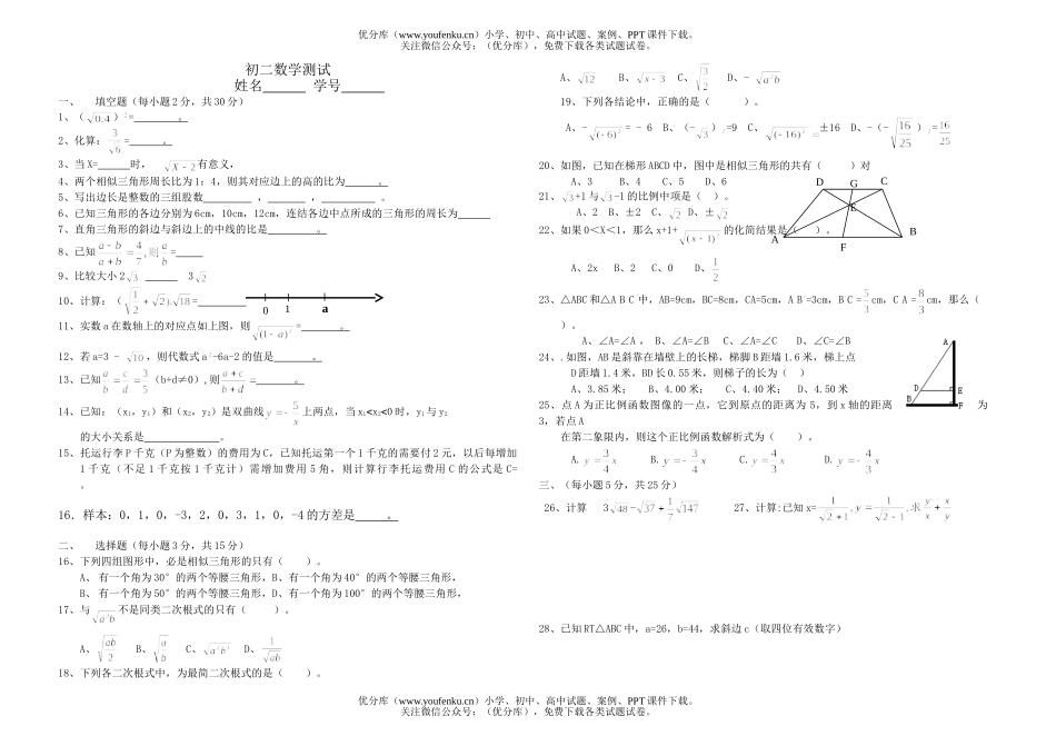 初中八年级数学测试卷_第1页