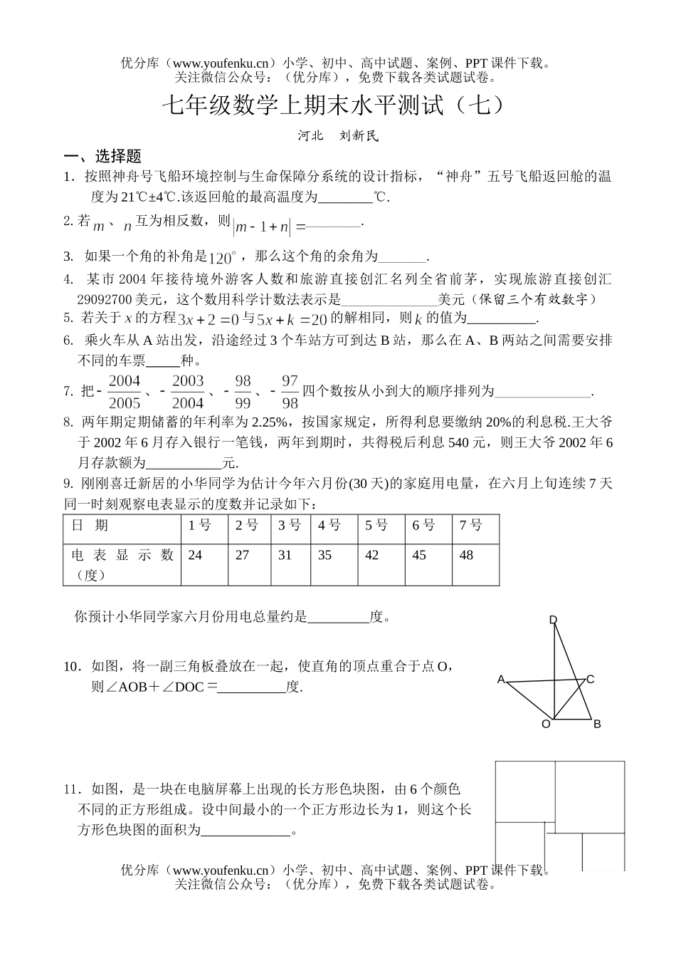 初中七年级数学上期末水平测试7试卷_第1页