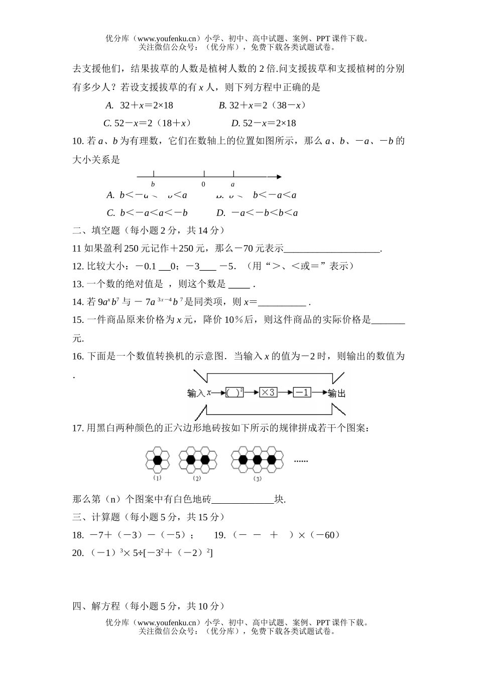 初中七年级数学苏教版第一学期期中测试卷_第2页