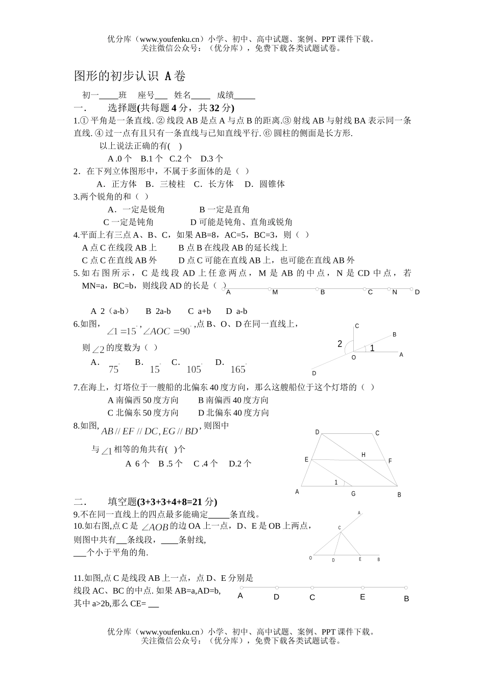 初中七年级数学华师版图形的初步认识测试A试卷_第1页
