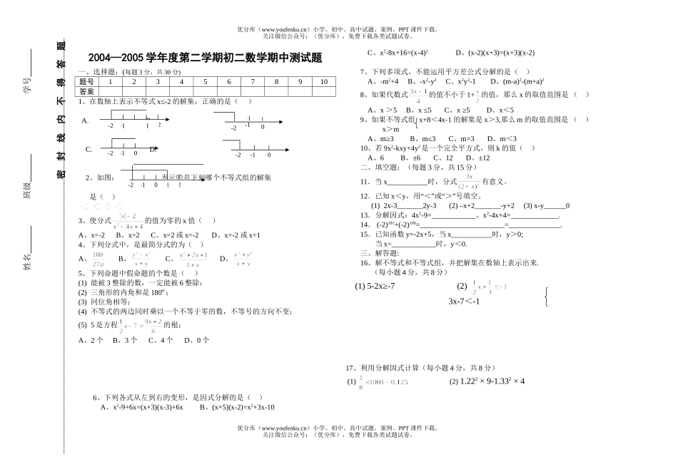 初中八年级数学(下)期中考试(无答案)试卷_第1页