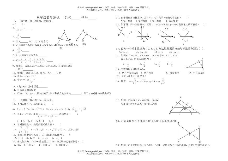 初中八年级数学测试(二)试卷_第1页
