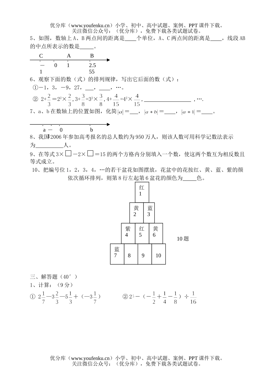 初中七年级数学有理数单元检测题试卷_第2页