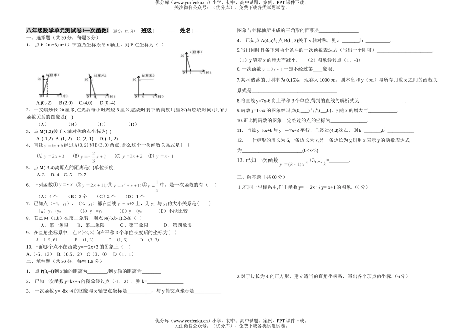 初中八年级数学一次函数(无答案)[上学期]试卷_第1页