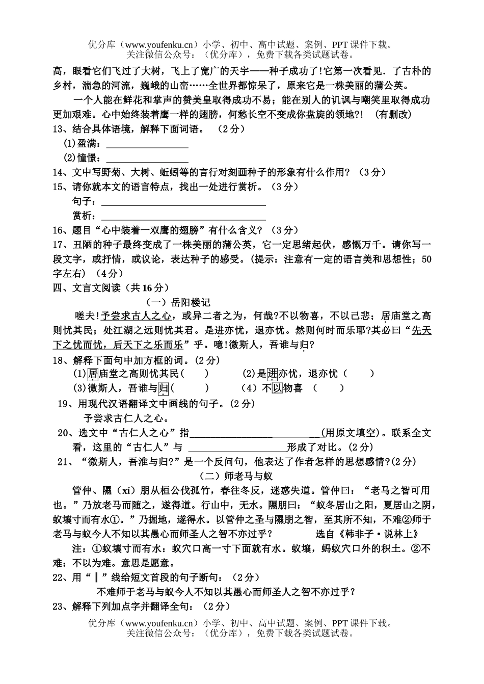 初中八年级语文第二学期期中试卷_第3页