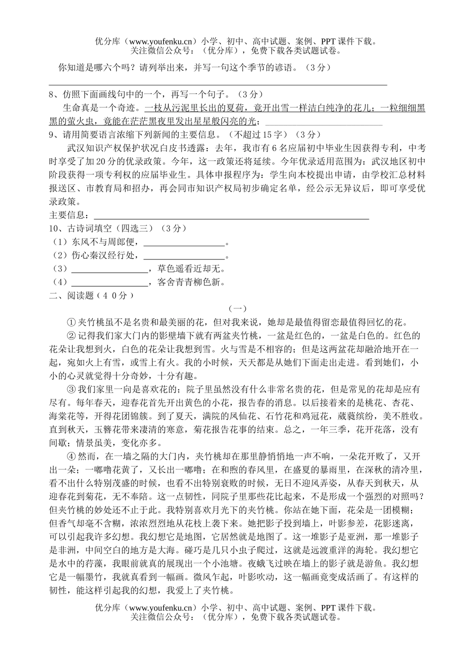 初中八年级语文期中检测卷[下学期]试卷_第2页