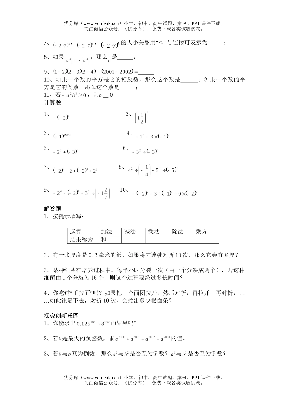 初中七年级数学有理数的乘方练习试卷_第2页