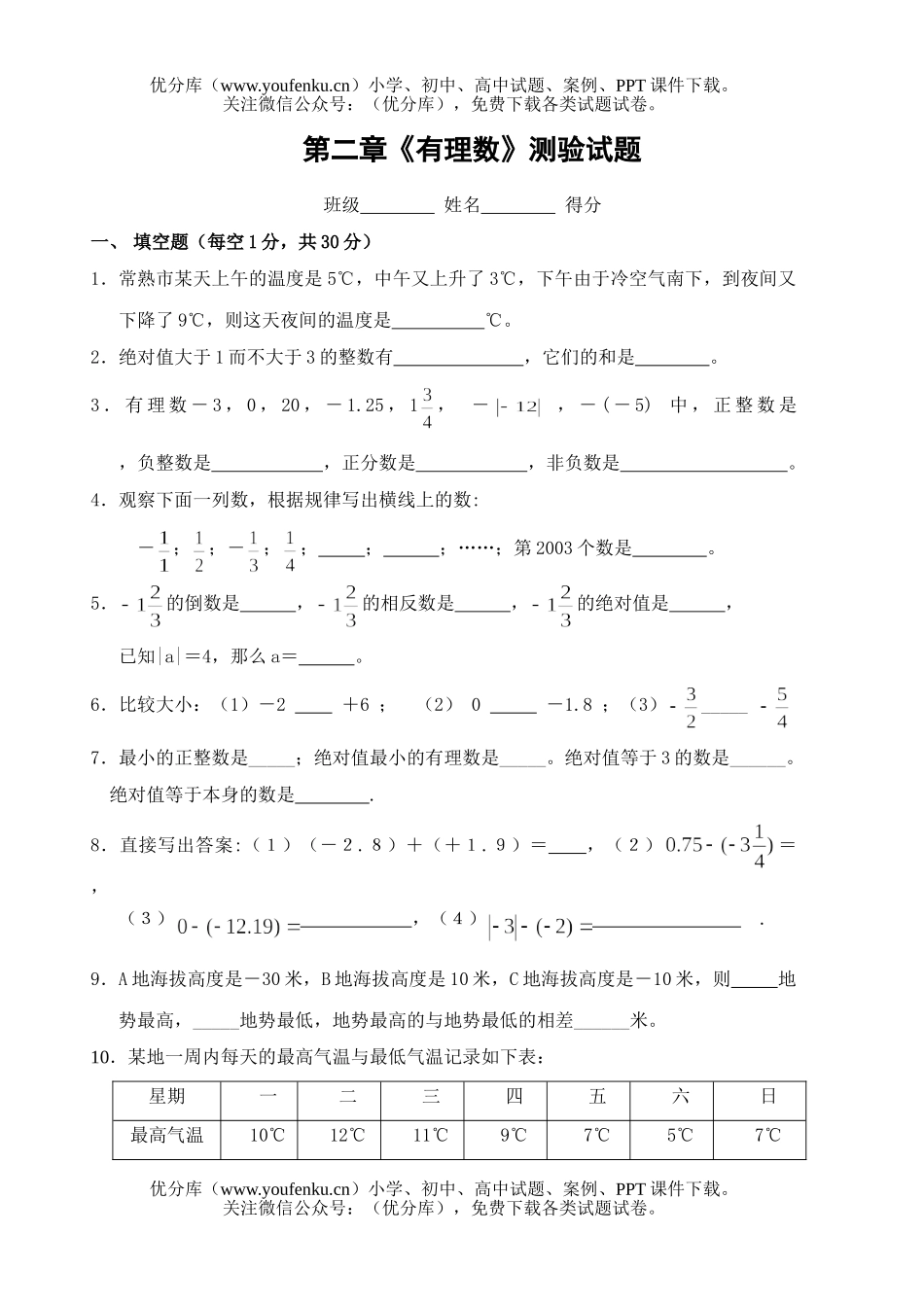 初中七年级数学有理数测验1试卷_第1页