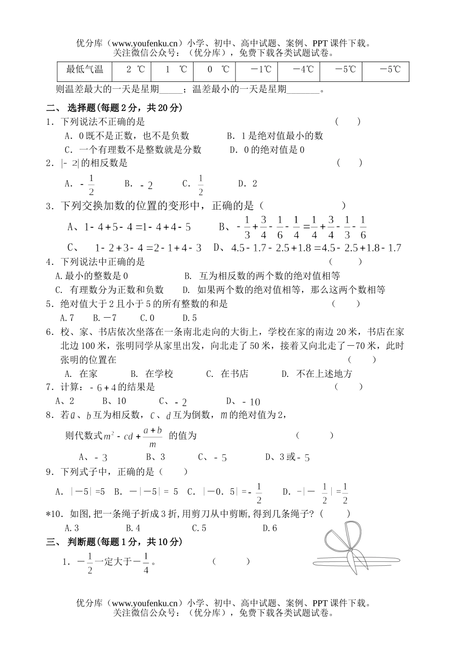 初中七年级数学有理数测验1试卷_第2页