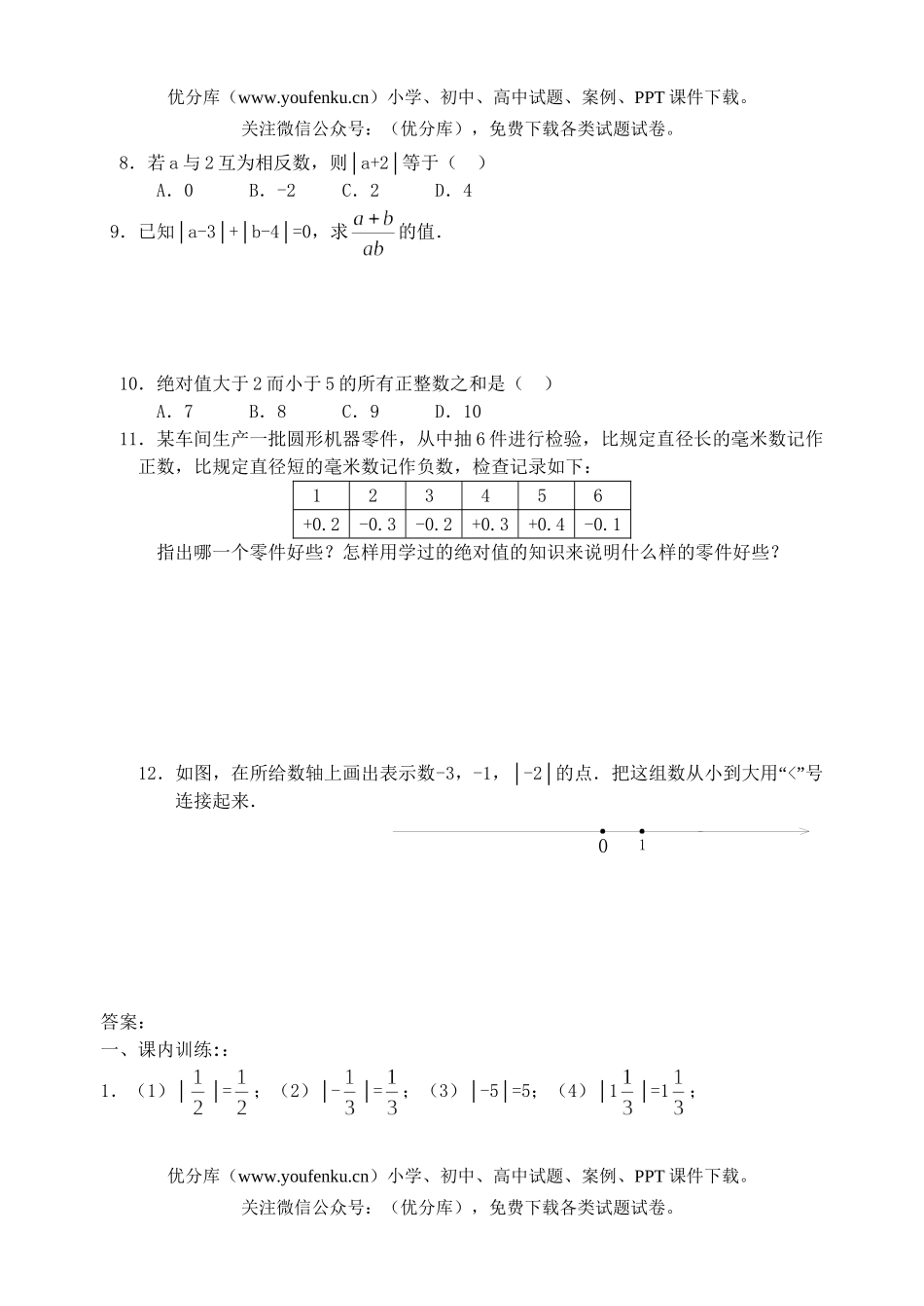 初中七年级数学绝对值课课练试卷_第2页