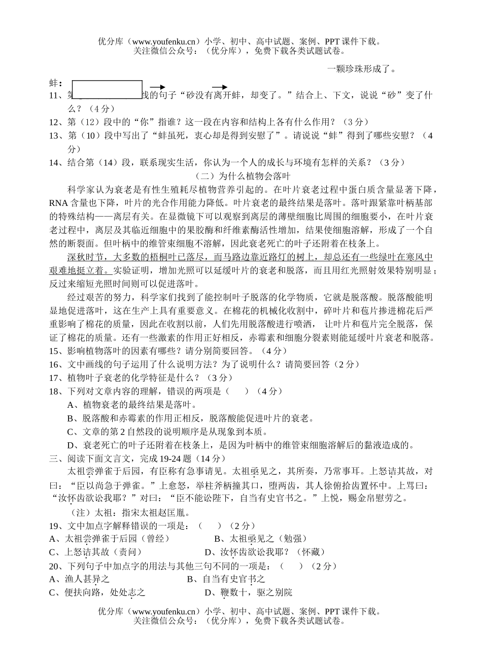 初中八年级语文第一学期学习能力测试卷_第2页