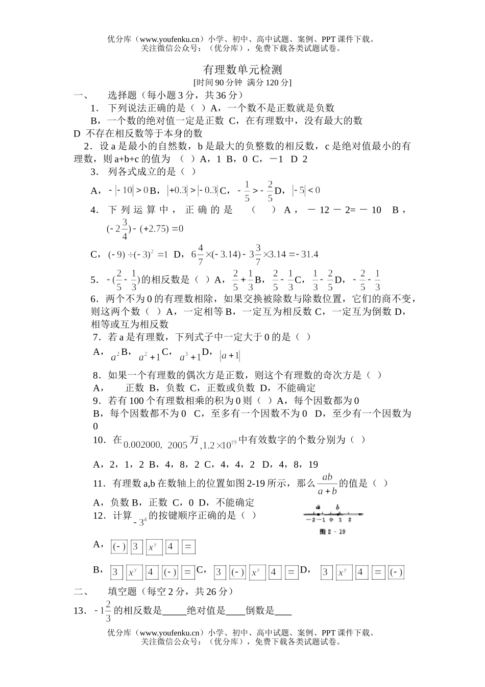 初中七年级数学华师版有理数单元测试1试卷_第1页