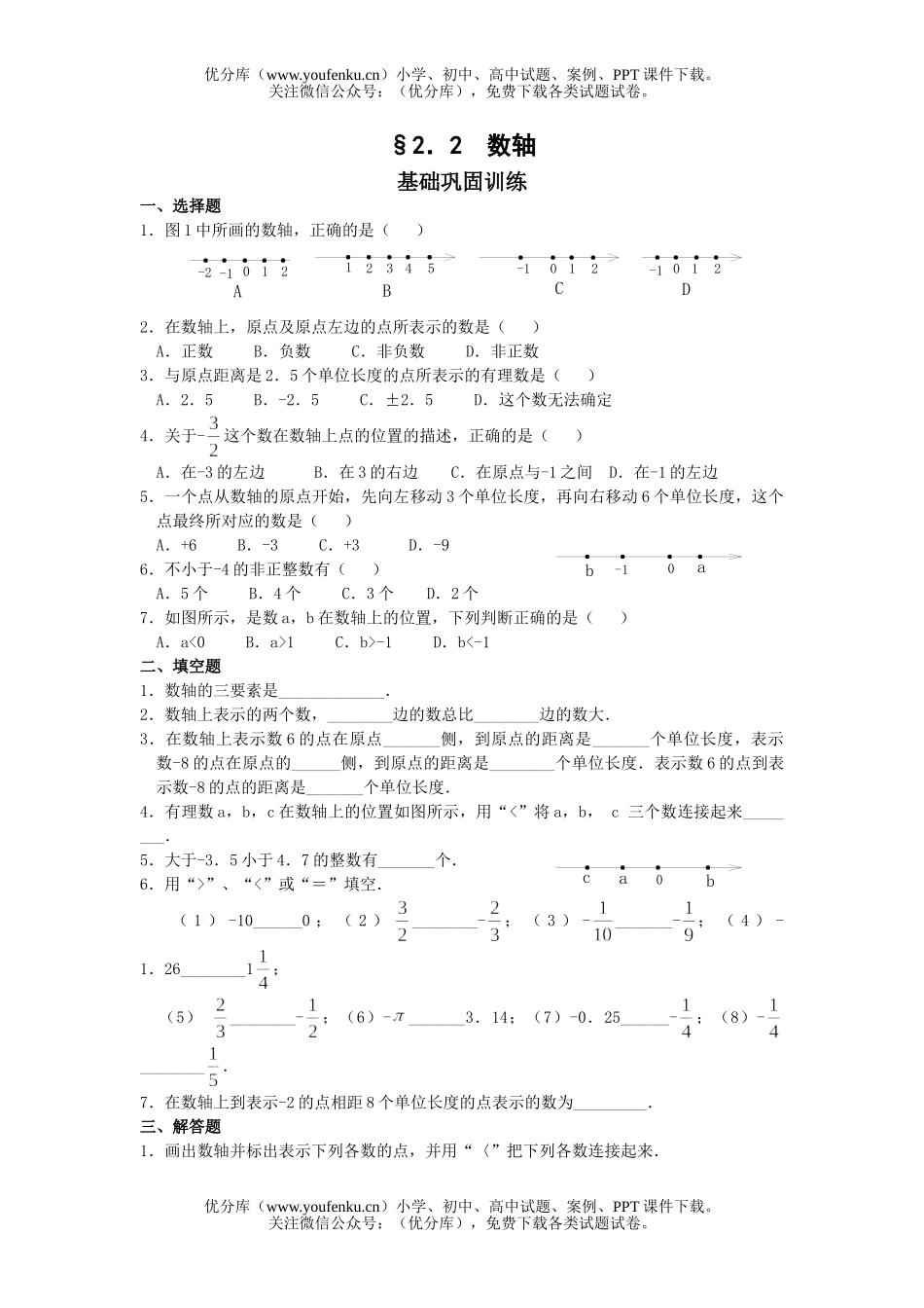 初中七年级数学数轴基础巩固训练试卷_第1页